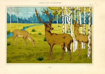 Deer in Birch Forest Landscape by Maurice Pillard Verneuil