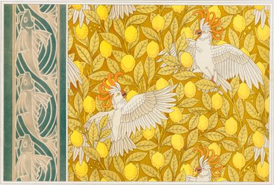 Design for Wallpaper Cockatoos with Lemons and Wallpaper Border with Flying Fish by Maurice Pillard Verneuil