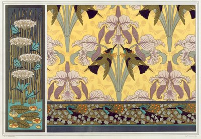 Design for Wallpaper Border, Fabric and Panel: "Dragonflies; Waterlilies and Flowering Rush", Humming Birds and Orchids and Humming Birds and Maiden Hair Fern from 