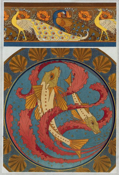 Designs for Peacock and Poppy Border, and Enamel Plate with decoration of Gurnards and Seaweed with a Scallop shell surround, from 