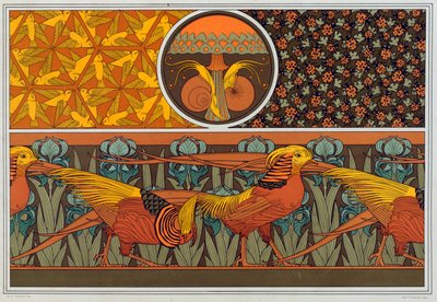 Designs for wallpaper border and fabric: Birds, Ladybirds and Maiden Hair Fern, pub. 1897 by Maurice Pillard Verneuil