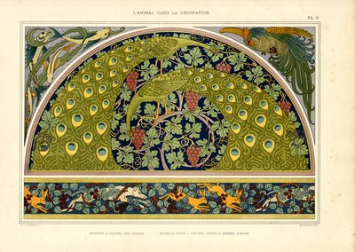 Peacock and Hare Motifs as Decorative Art Nouveau Composition by Maurice Pillard Verneuil