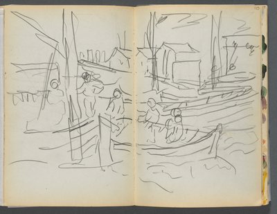 Sketchbook: The Granite Shore Hotel, Rockport, Figures on a Sailboat (page 114 & 115) by Maurice Prendergast
