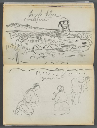 Sketchbook - The Granite Shore Hotel, Rockport, page 124 & 125: Rockport Lighthouse and Figures on Shore by Maurice Prendergast