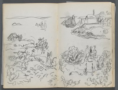Sketchbook, The Dells, No. 127, page 042 & 43: Cove with Boats and Figures by Maurice Prendergast