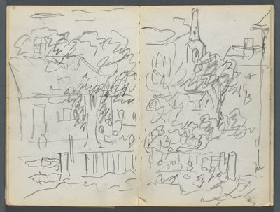 Sketchbook, The Dells, No. 127, page 084 & 85: Landscape with Houses and Spire by Maurice Prendergast