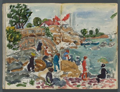 Sketchbook, The Dells, No. 127, pages 158 and 159: Coastal Landscape with Figures by Maurice Prendergast