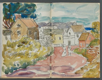 Sketchbook, The Dells, No. 127, page 166 & 167: Village with Houses and Road by Maurice Prendergast