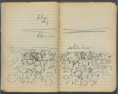 Sketchbook, page 046 & 47: Beach View with Color Notations by Maurice Prendergast