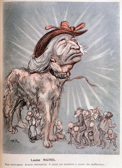 Cartoon of Louise Michel as a dog breed Newfoundland, no recompense, spent its existence saving the unfortunate by Maurice Radiguet