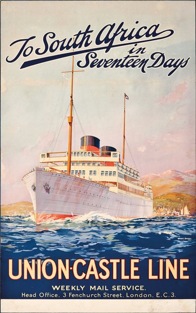 To South Africa in Seventeen Days; an advertising poster for Union Castle Line by Maurice Randall