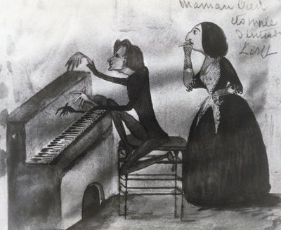 Caricature of Franz Liszt and George Sand in Nohant in 1832 by Maurice Sand