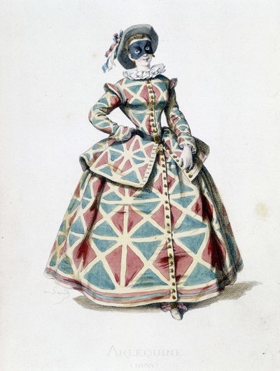 Harlequin costume and mask in 1855, female character of Harlequin in the commedia dell