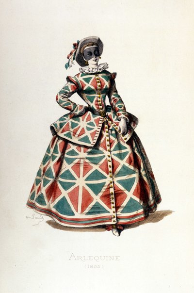 Harlequin costume and mask in 1855, female character of Harlequin in the commedia dell