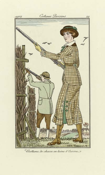 Design for Ladies Tweed Shooting Outfit, from Costumes Parisien, pub.1912 by Maurice Taquoy