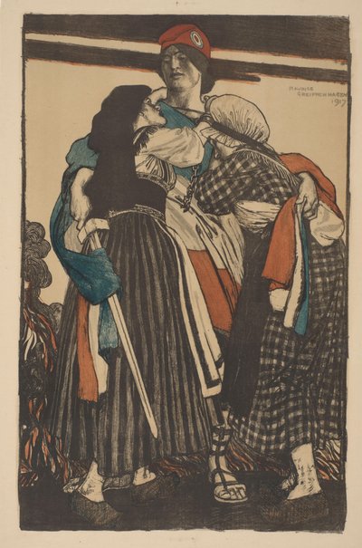 Woman with Sword Embracing Two Children by Maurice William Greiffenhagen