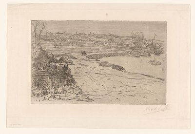 Landscape with Houses and Water with Moored Sailboats by Maurits van der Valk (signed by artist)