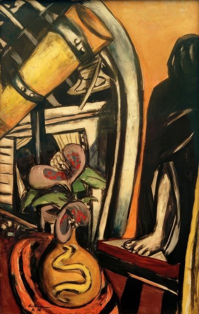 Studio (Night). Still Life with Telescope and Veiled Figure by Max Beckmann