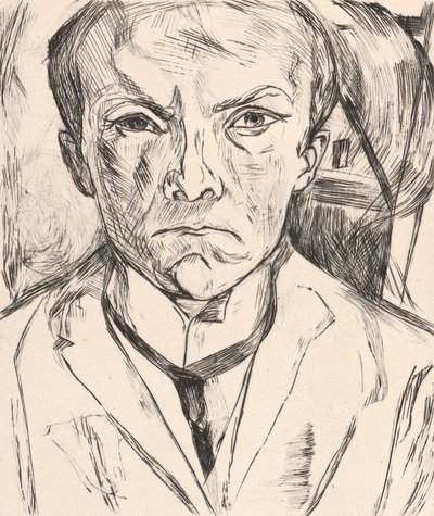 Frontal Self-Portrait with House Gable in Background by Max Beckmann