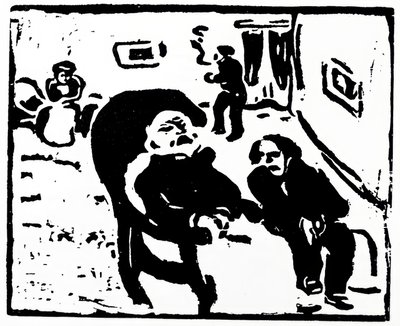 Woodcut depicting people sitting in a lounge area by Max Pechstein