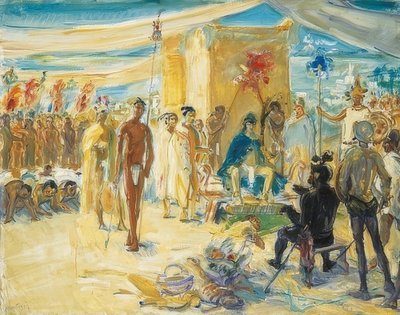 Fernando Cortez before Emperor Montezuma of Mexico. 1917 by Max Slevogt