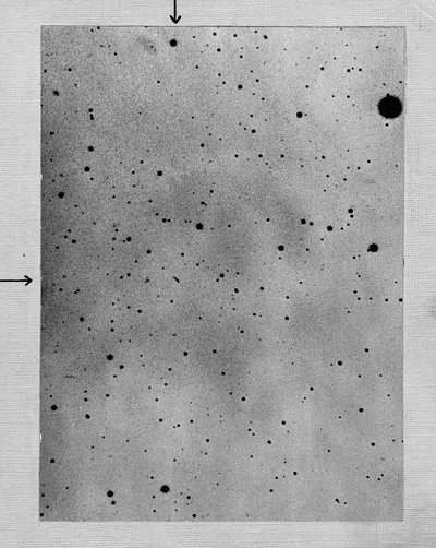 Long exposure of star field showing track of the asteroid Sappho against points of stars by Max Wolf