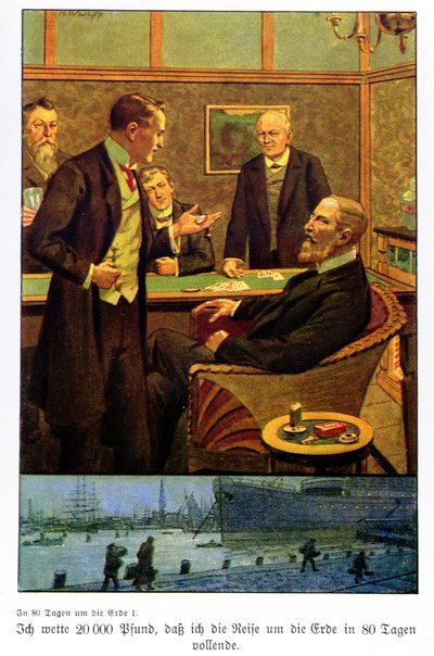 Phileas Fogg takes the bet at the Reform Club that he can travel round the world in 80 days, illustration from an edition published in Berlin by Max Wulff