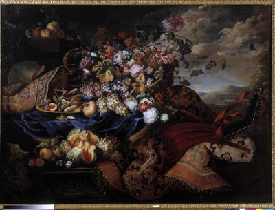 Fruit Basket, Flowers and Lute on Carpet by Maximilian Pfeiler or Pfeiller