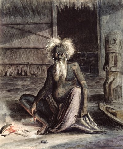 Old Man of Tahiti Seated near a Tiki by Maximilien Radiguet