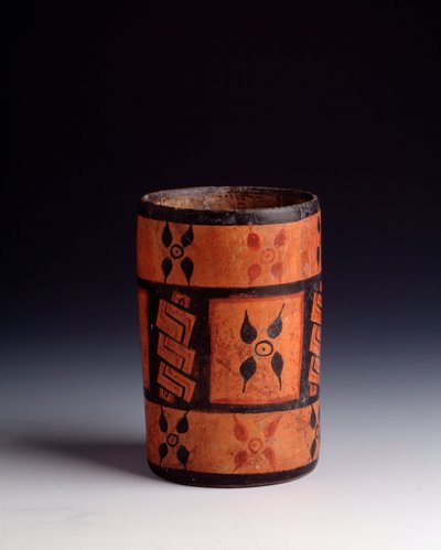 Polychrome Cylindrical Clay Vase with Flowers from Tikal by Mayan Mayan