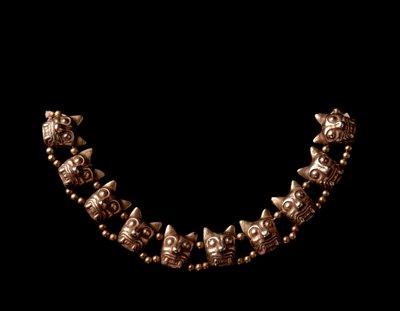 Pre-Columbian Art, Maya Civilization, Postclassical Period: Gold Necklace Composed of Elements in the Shape of Jaguar Heads. 600-1100 AD from Iximche, Chimaltenango, Guatemala by Mayan Mayan