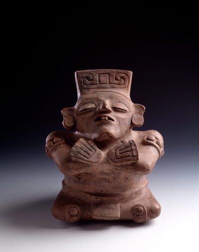 Pre-Columbian Art, Mayan Civilization, Classical Period: Anthropomorphic Clay Vase Depicting a Seated Character, Legs and Arms Crossed, Face Turned Upwards. From La Lagunita, Quiche, Guatemala. Guatemala, Museo Nazionale di Archeologia by Mayan Mayan