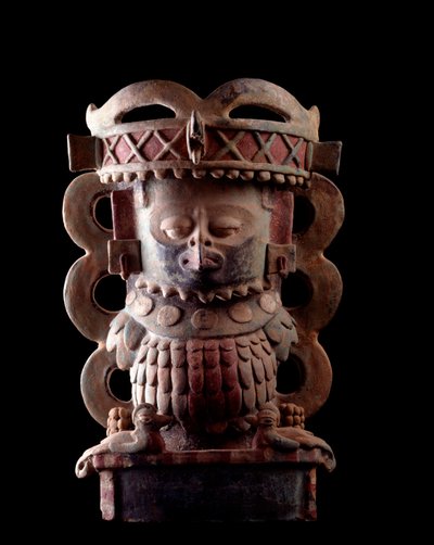 Pre-Columbian Art, Mayan Civilization, Classical Period: Incense Vase in Anthropomorphic Clay Decorated with the Representation of a Character Wearing a Mask of the Quetzal Bird. From Purulha, Guatemala. Guatemala, Museo Nazionale di Archeologia by Mayan Mayan