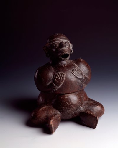 Pre-Columbian Art, Mayan Civilization, Initial Period: Anthropomorphic Clay Vase Depicting a Man Sitting with His Hands on His Chest Wearing a Monkey Mask with His Mouth Open. From Uaxactun, Guatemala. Guatemala, Museo Nazionale di Archeologia by Mayan Mayan