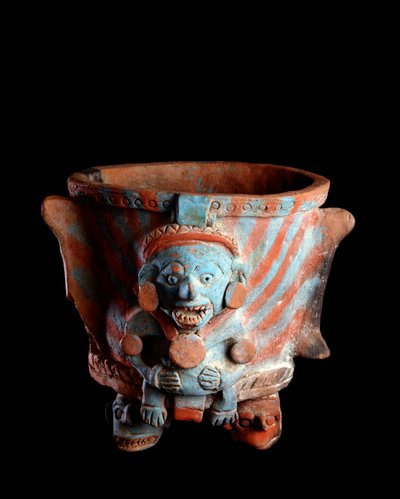 Pre-Columbian Art, Mayan Civilization, Postclassical Period: Tripod Vase with Clay Incense Decorated with a Head. From Nebaj, Quiche, Guatemala. Guatemala, Museo Nazionale di Archeologia e Etnologia by Mayan Mayan