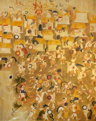 Reconstruction of a Mayan painting from Chichen Itza depicting a battle scene by Mayan Mayan