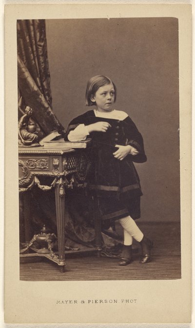 Unidentified Little Girl Standing, Elbow on Top of a Closed Book on a Table by Mayer and Pierson