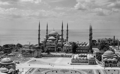 Aerial of The Blue Mosque in Istanbul aka Sultan Ahmed Mosque, an Ottoman-era historical site by Maynard Owen Williams