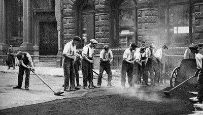 Workmen laying tar and asphalt in Cornhill, London, 1926-1927 by McLeish