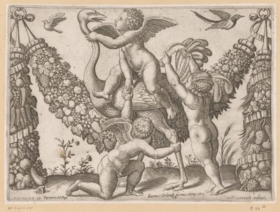 Three Putti and an Ostrich by Meester van de Dobbelsteen