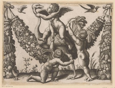 Drie putti en een struisvogel (Tapisserieën van de paus) by Meester van de Dobbelsteen