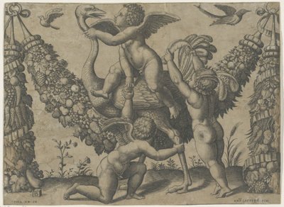 Three Putti with an Ostrich (series title: Tapestries of the Pope by Raphael) by Meester van de Dobbelsteen