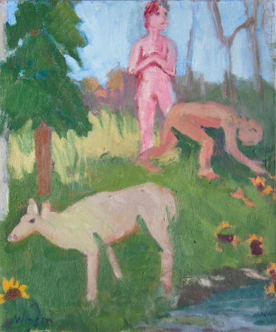 Two Figures with a Female Moose by Megan Williamson