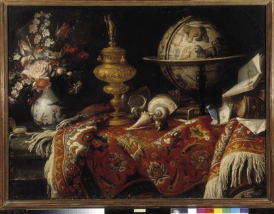 Vase of flowers, astral globe, books and goldwork on a carpet by Meiffren (c.1630 1705) Conte