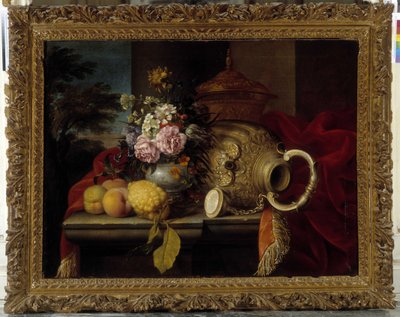 Still Life with Bouquet, Fruit, Vase and Red Fabric by Meiffren (c.1630 1705) Conte