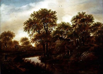 River landscape with cottages and peasant by Meindert Hobbema