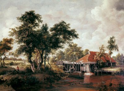 Water mill with large red roof by Meindert Hobbema