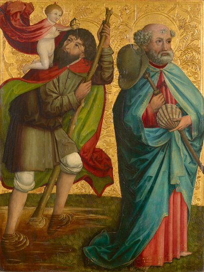 Left Wing of the So-called Pretschlaipfer Triptych: St. Christopher and St. James Major (Inside); Annunciation to Mary (Outside) by Meister von Großgmain (Werkstatt)
