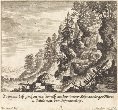 Large Waterfall, Schwanburg by Melchior Küsel after Johann Wilhelm Baur
