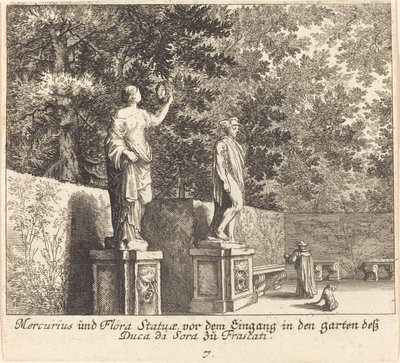 Statues of Mercury and Flora, Gardens of Duke di Sora, Frascati by Melchior Küsel after Johann Wilhelm Baur